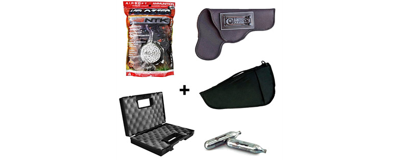 Kit de munição de airsoft com 3 Cilindros Co2 + Munição BB's 20g + Capa + Coldre + Maleta